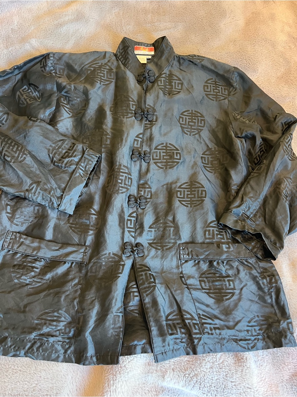 Vintage Oriental 100% Silk Shou Pattern Mandarin Collar Chinese Tang Jacket XL